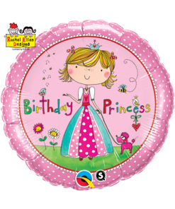 El Globo Princesa es un globo redondo de color rosa con una princesa de dibujos animados con un vestido de lunares, rodeada de flores, una mariposa, un perro y letras de colores "Cumpleaños Princesa".
